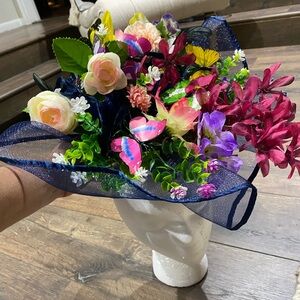 Navy custom floral fancy Derby hat, handmade